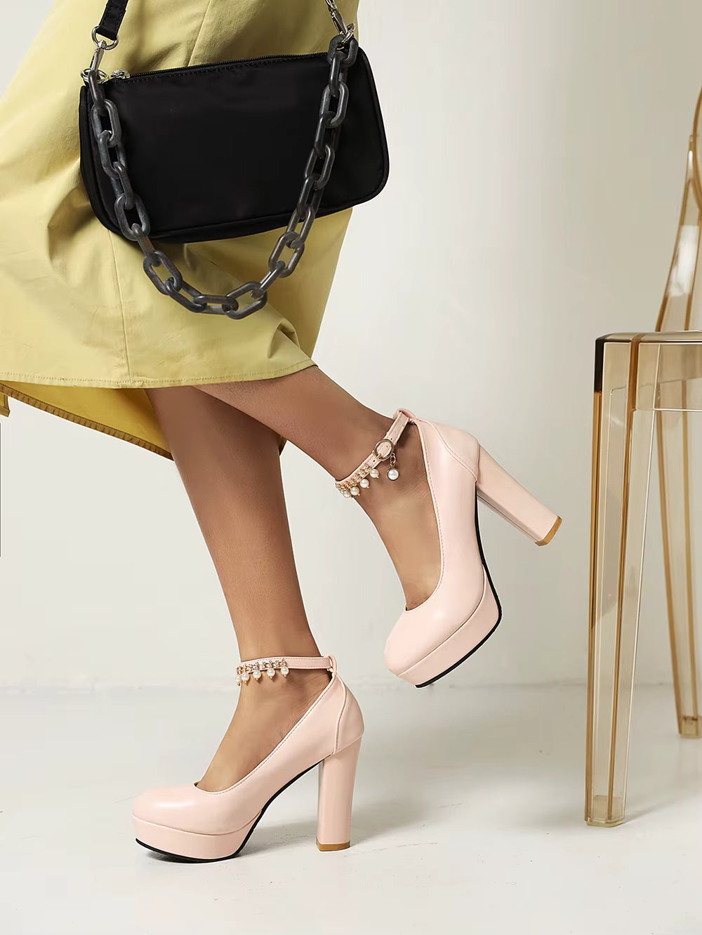 Casual Beaded Strap Buckle Round Toe Square High Heels Platform Pumps