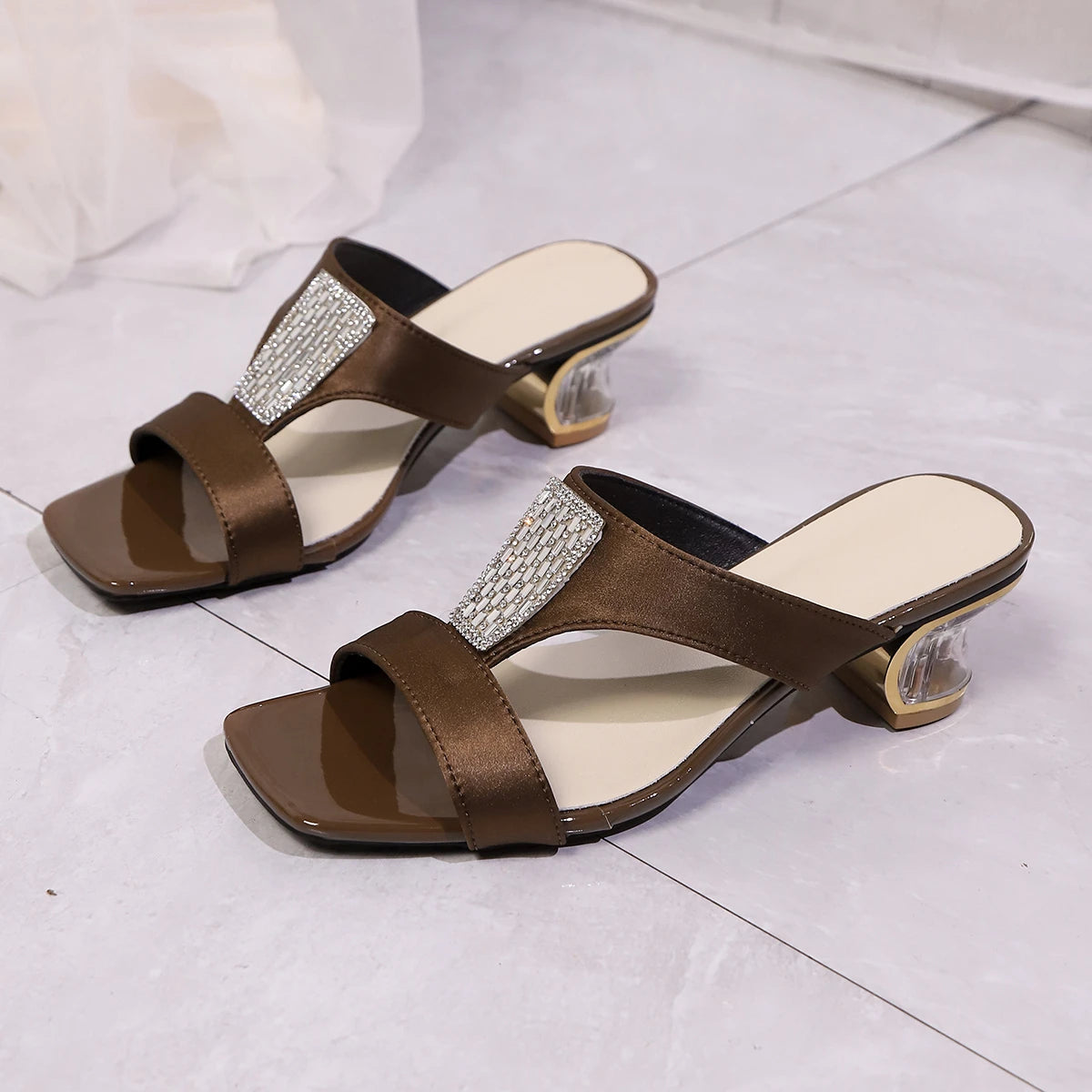 Square Toe Clear Low Crystal Decoration Thick Heeled Heels Sandals