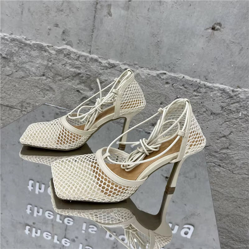 Square Toe High Heel Lace Up Cross-Tied Stiletto Hollow Dress Shoes