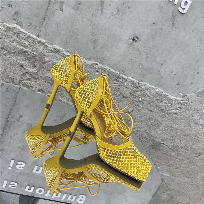 Square Toe High Heel Lace Up Cross-Tied Stiletto Hollow Dress Shoes