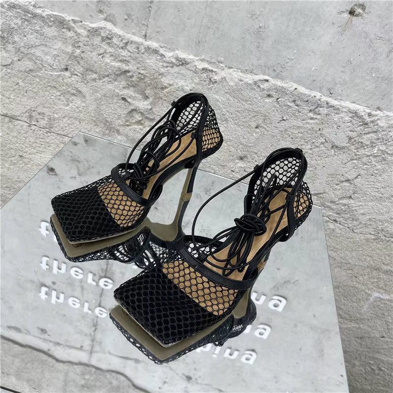 Square Toe High Heel Lace Up Cross-Tied Stiletto Hollow Dress Shoes