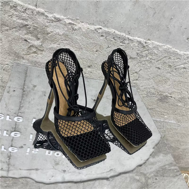Square Toe High Heel Lace Up Cross-Tied Stiletto Hollow Dress Shoes