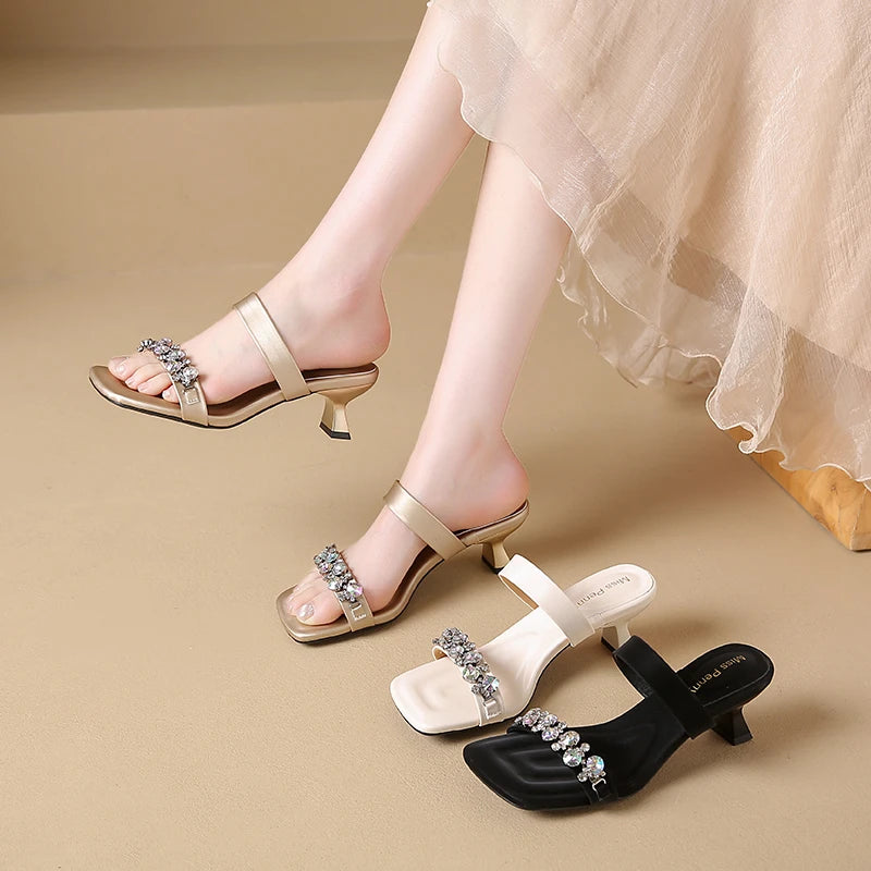 Crystal Square Toe High Evening Party Heels Sandals