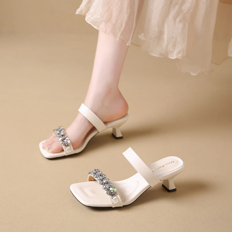 Crystal Square Toe High Evening Party Heels Sandals