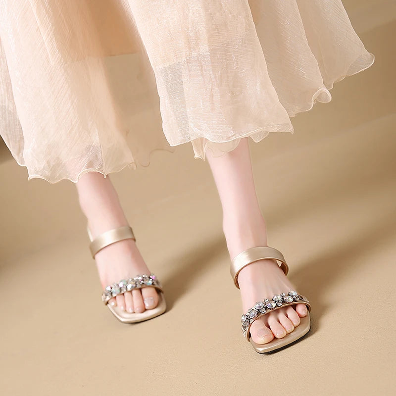 Crystal Square Toe High Evening Party Heels Sandals