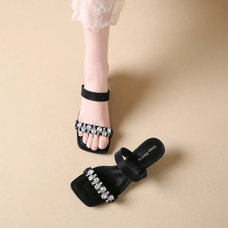 Crystal Square Toe High Evening Party Heels Sandals