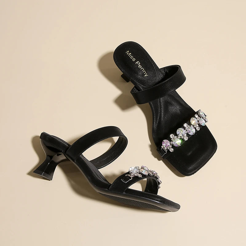 Crystal Square Toe High Evening Party Heels Sandals