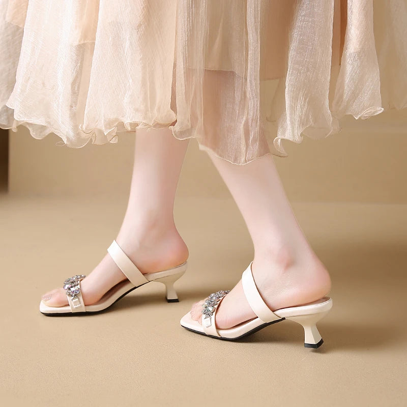 Crystal Square Toe High Evening Party Heels Sandals