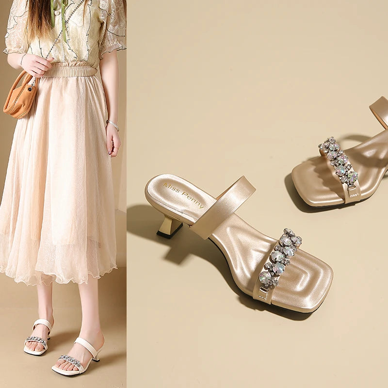 Crystal Square Toe High Evening Party Heels Sandals
