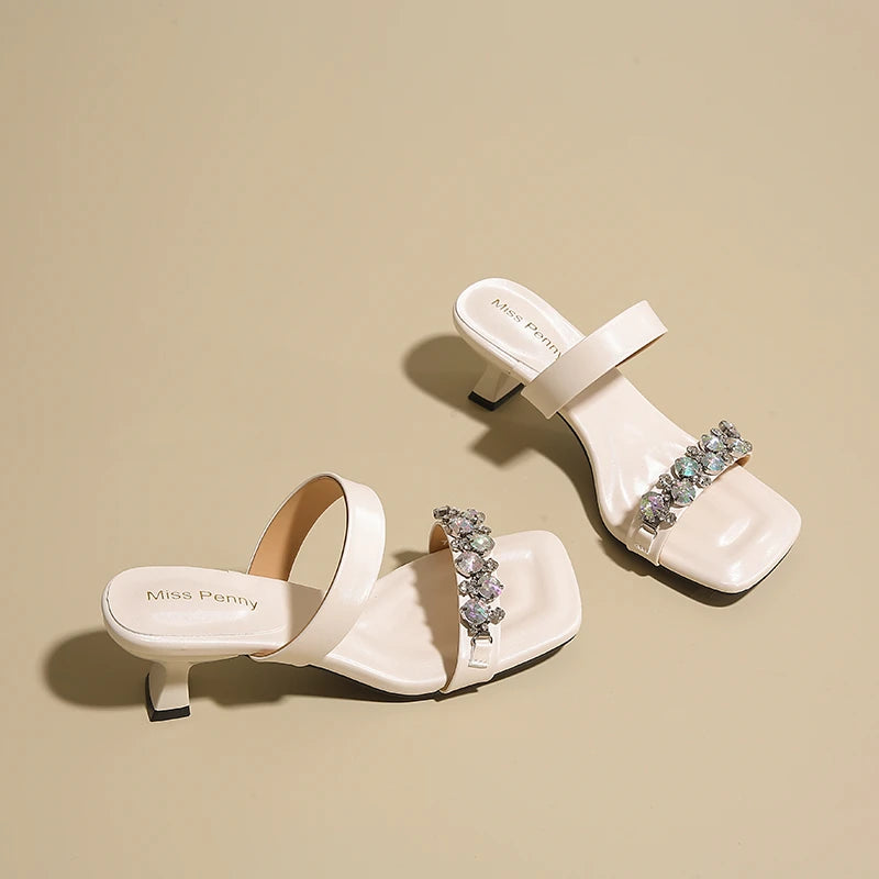 Crystal Square Toe High Evening Party Heels Sandals