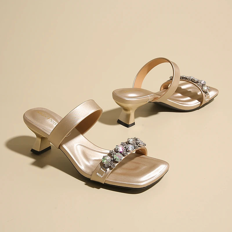 Crystal Square Toe High Evening Party Heels Sandals