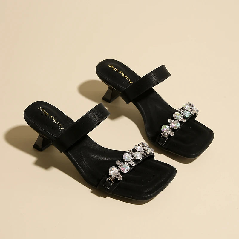 Crystal Square Toe High Evening Party Heels Sandals