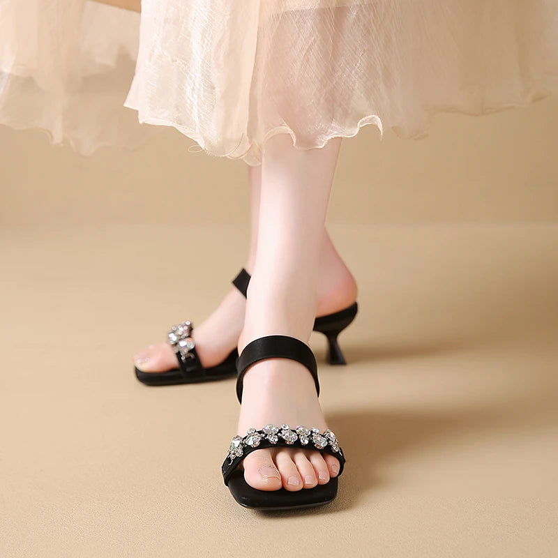 Crystal Square Toe High Evening Party Heels Sandals
