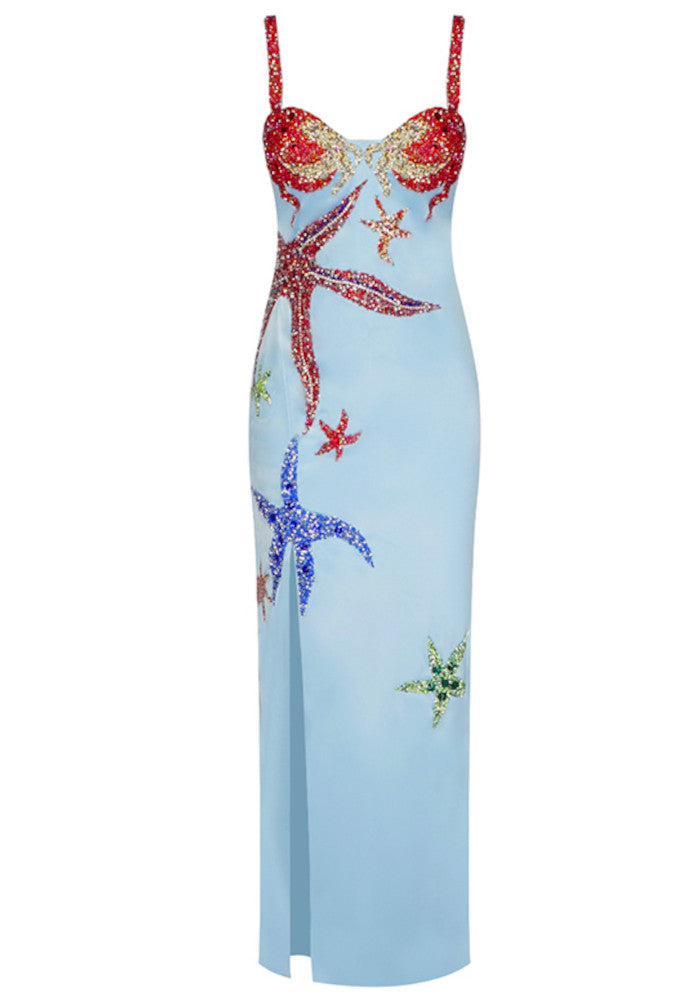 Crystal Bustier Starfish Detail Maxi Dress Blue