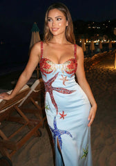Crystal Bustier Starfish Detail Maxi Dress Blue