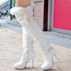 Stiletto Heels Fur Over-the-knee Buckle Strap Round Toe Thin Heels Long Boots