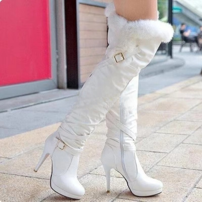 Stiletto Heels Fur Over-the-knee Buckle Strap Round Toe Thin Heels Long Boots