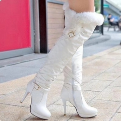 Stiletto Heels Fur Over-the-knee Buckle Strap Round Toe Thin Heels Long Boots