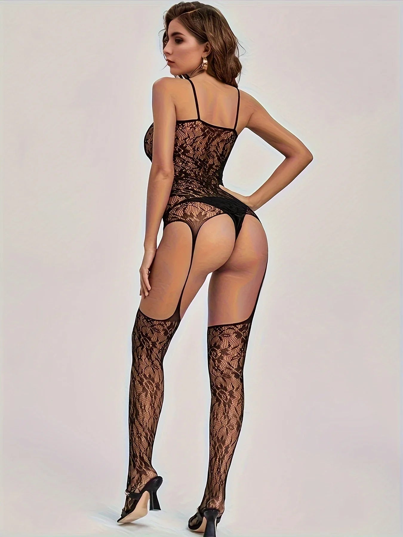 Strapless Hollow out Embroidery Onesie Nightgown Open Bottom Butt Exposure See-through Sleepwear