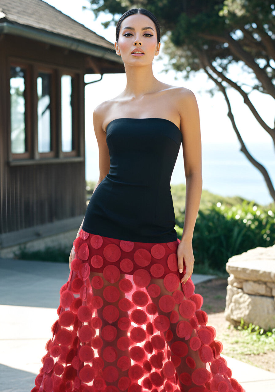 Strapless A Line Maxi Dress Black Burgundy