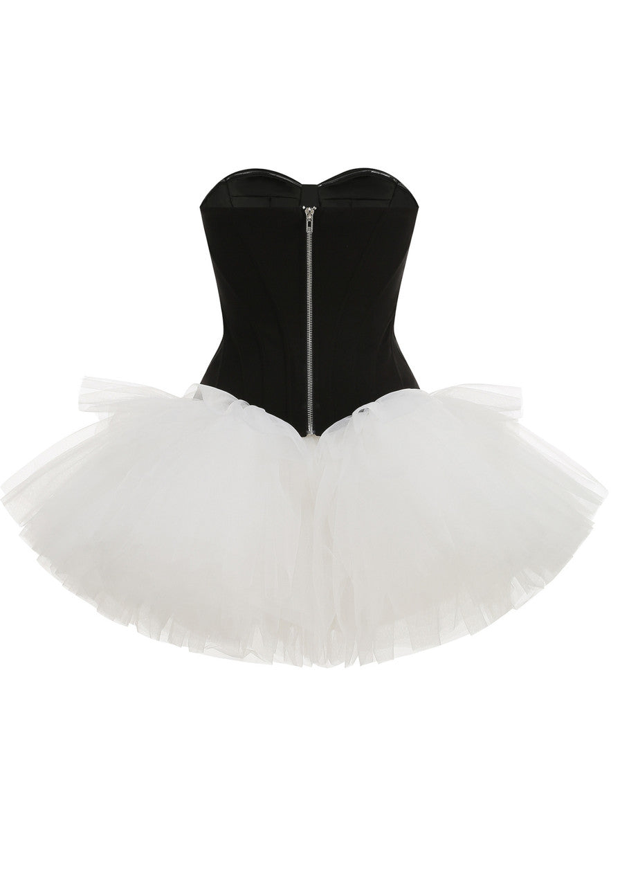 Strapless A Line Mesh Dress Black White