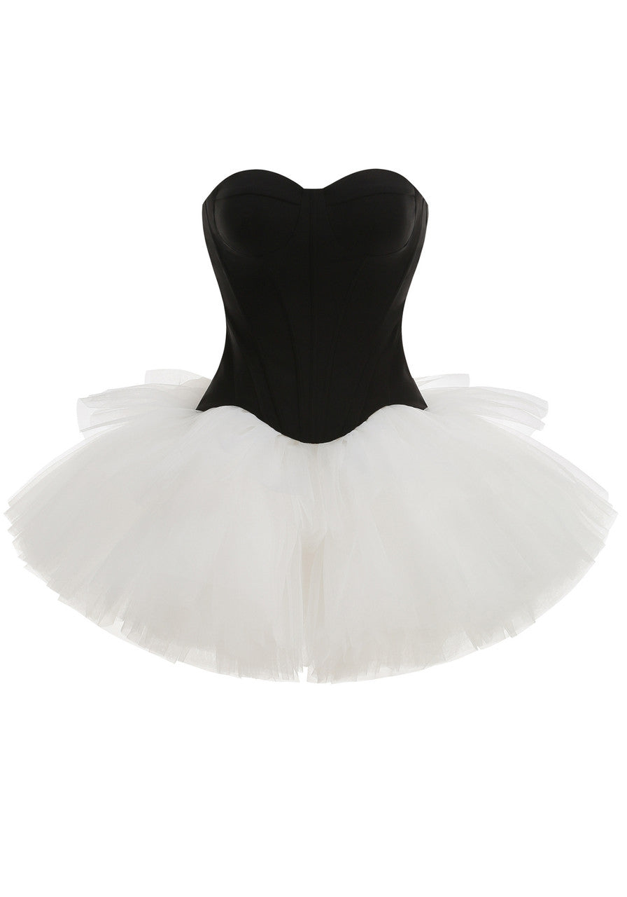 Strapless A Line Mesh Dress Black White