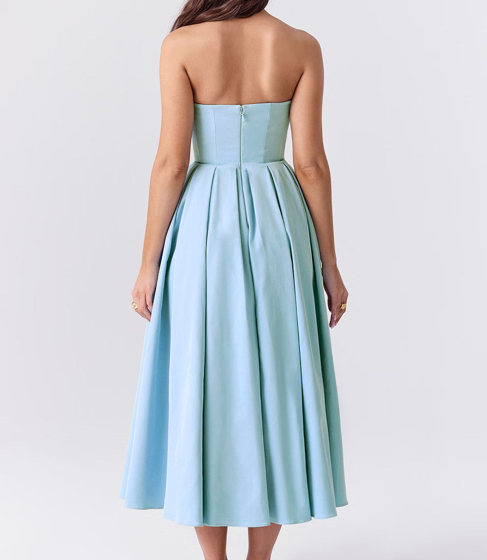Strapless A Line Midi Dress Blue