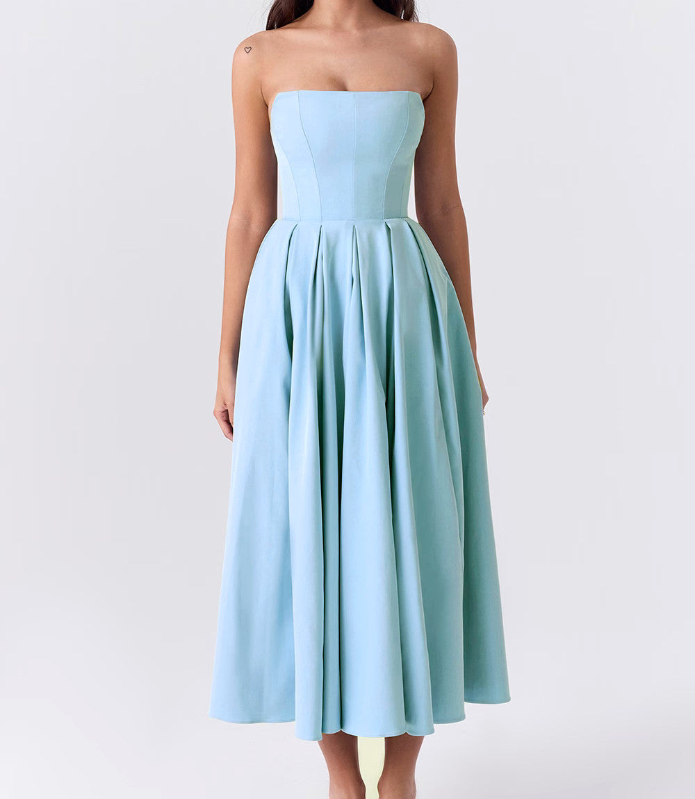 Strapless A Line Midi Dress Blue