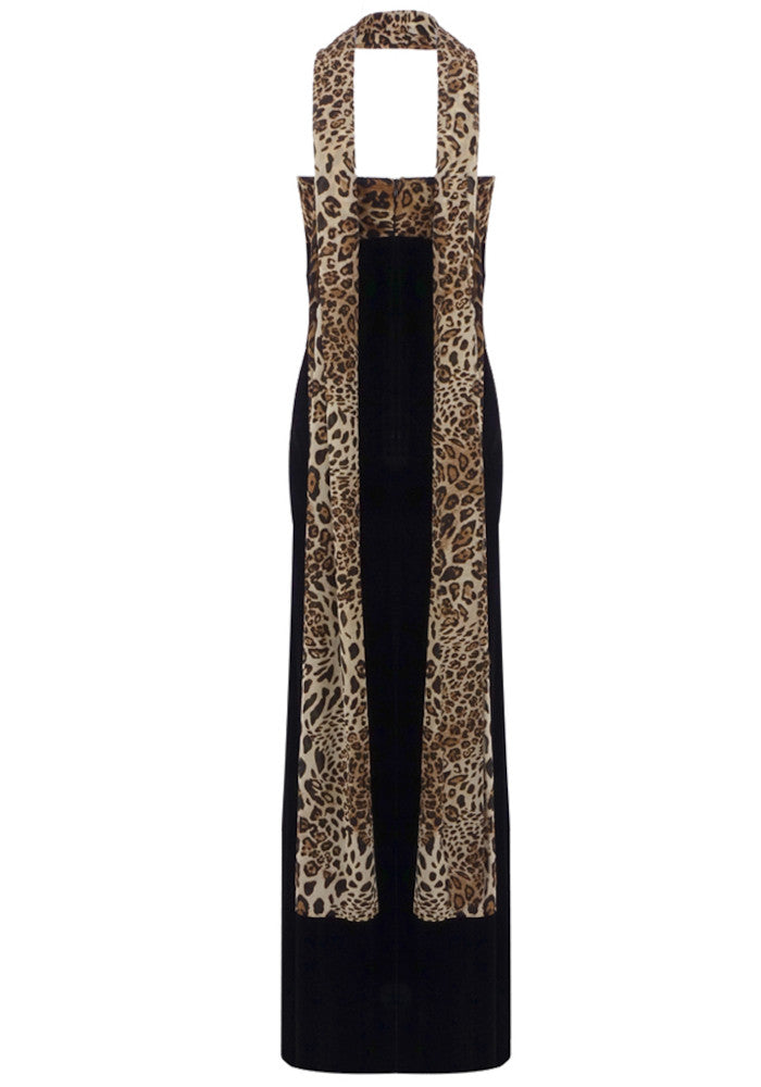 Strapless Animal Print Bustier Maxi Velvet Dress Black
