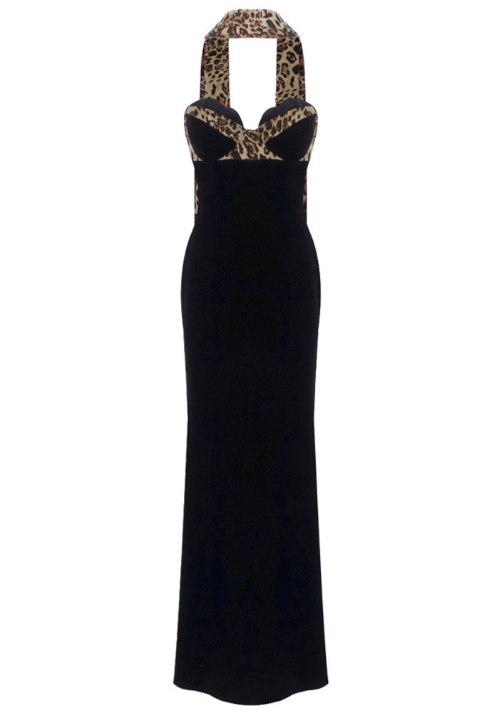 Strapless Animal Print Bustier Maxi Velvet Dress Black