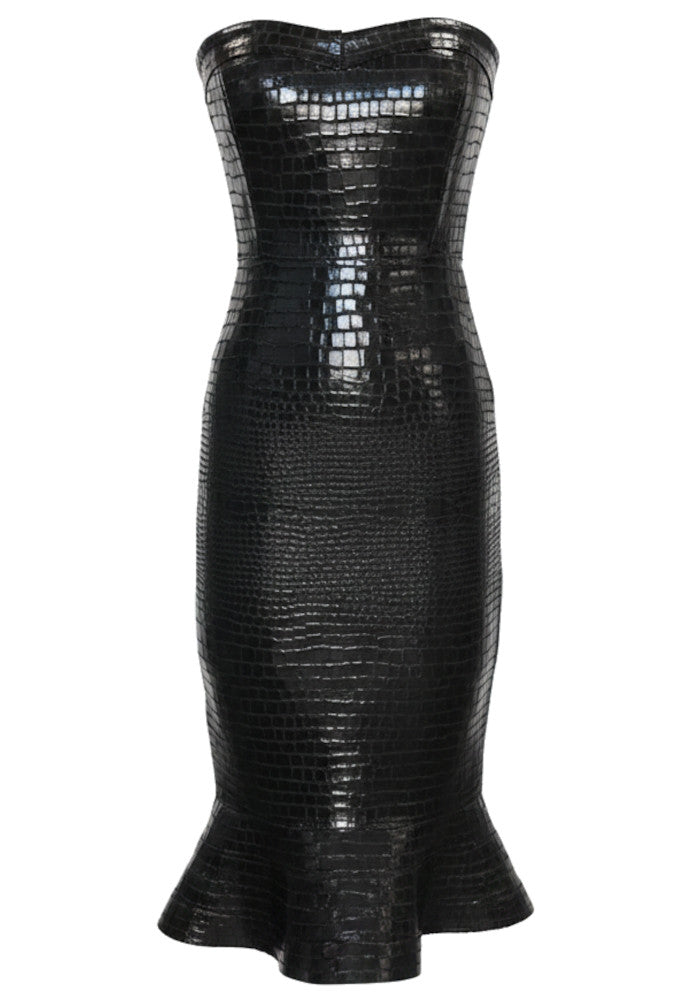 Strapless Animal Print Fluted Maxi Dress Black