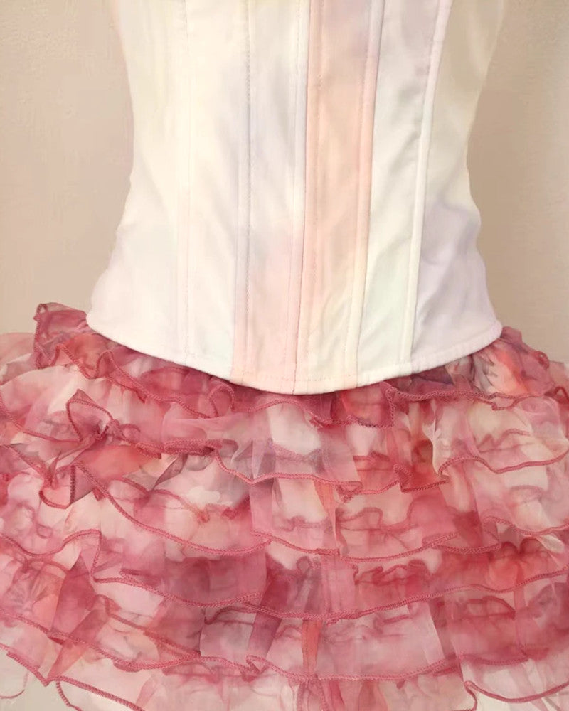 Strapless Ruffle Corset Two Piece Dress Pink
