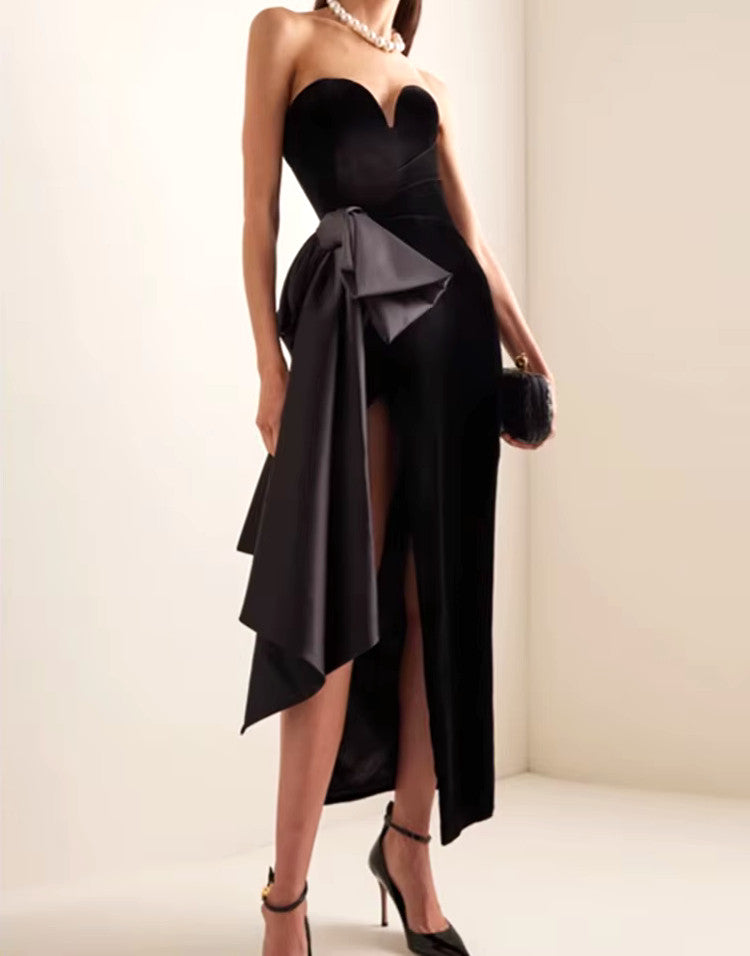 Strapless Bow Detail Maxi Velvet Dress Black