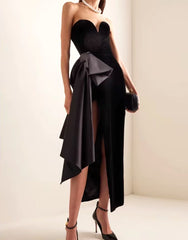 Strapless Bow Detail Maxi Velvet Dress Black