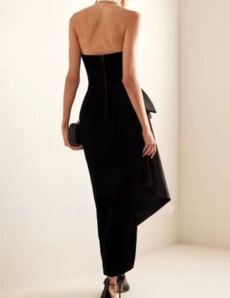 Strapless Bow Detail Maxi Velvet Dress Black