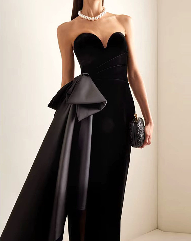 Strapless Bow Detail Maxi Velvet Dress Black