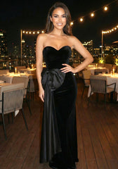 Strapless Bow Detail Maxi Velvet Dress Black