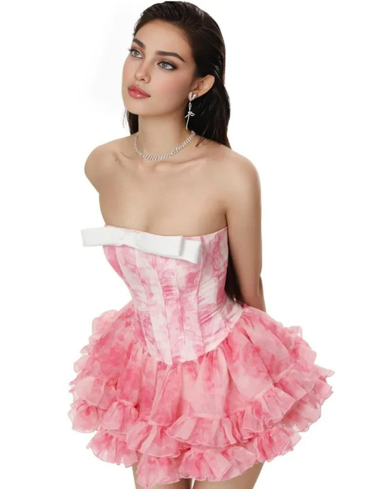 Strapless Floral Bow Ruffle Three Piece Dress Pink