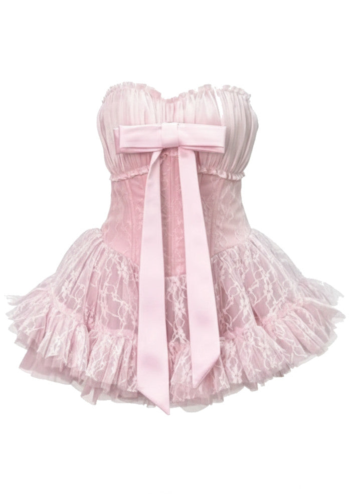 Strapless Lace A Line Corset Dress Pink