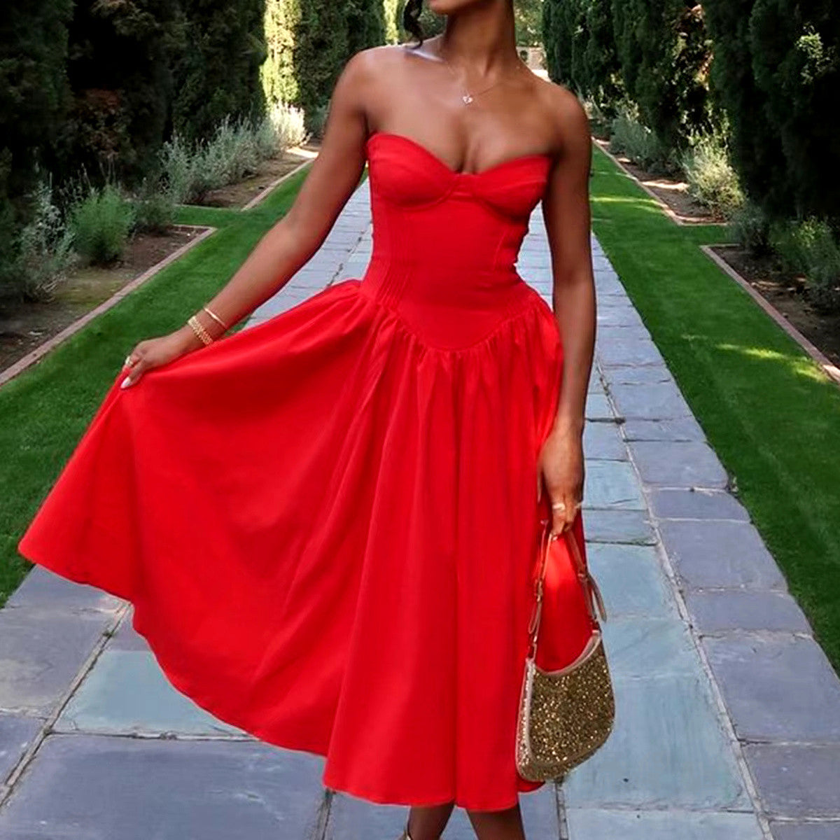 Strapless Bustier Midi A Line Dress Red
