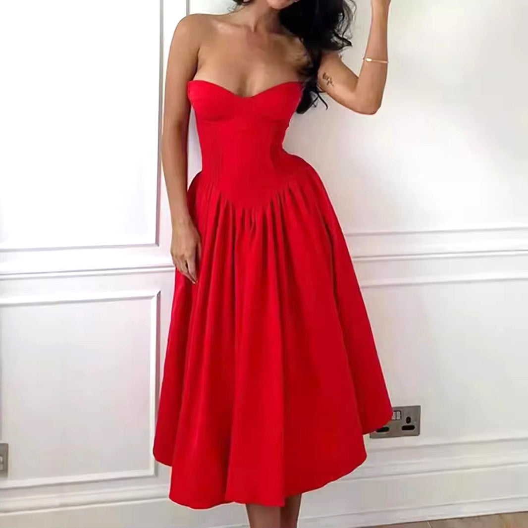 Strapless Bustier Midi A Line Dress Red