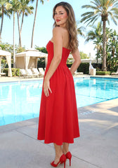 Strapless Bustier Midi A Line Dress Red