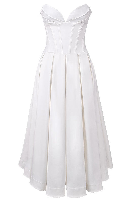 Strapless Bustier A Line Midi Dress White