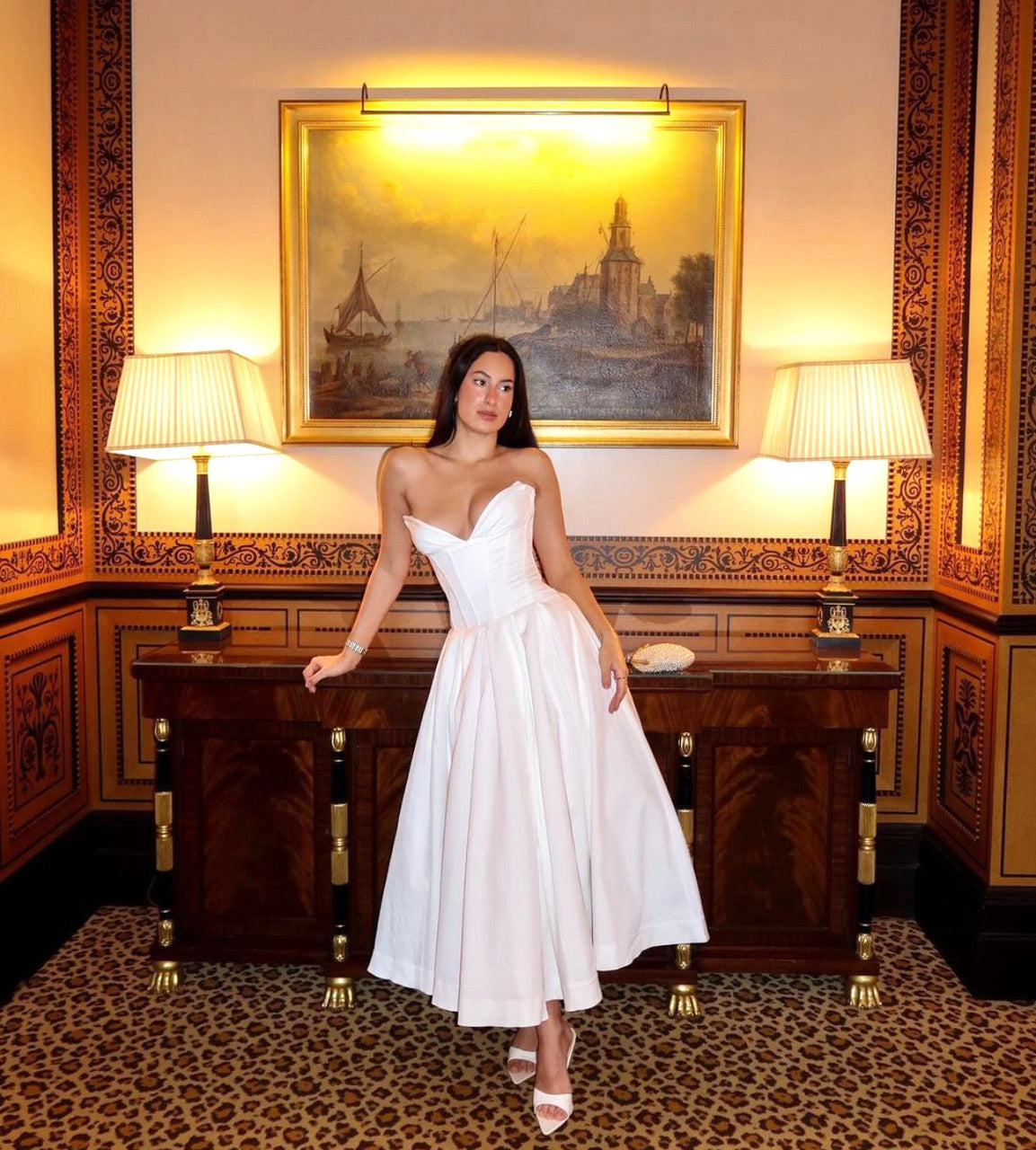 Strapless Bustier A Line Midi Dress White