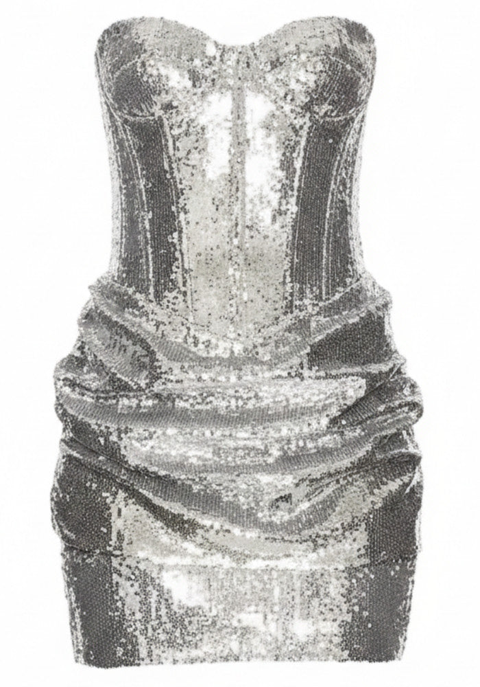 Strapless Bustier Sequin Dress Silver
