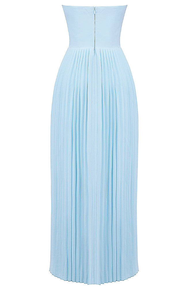 Strapless Bustier Pleated A Line Maxi Dress Blue