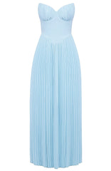 Strapless Bustier Pleated A Line Maxi Dress Blue