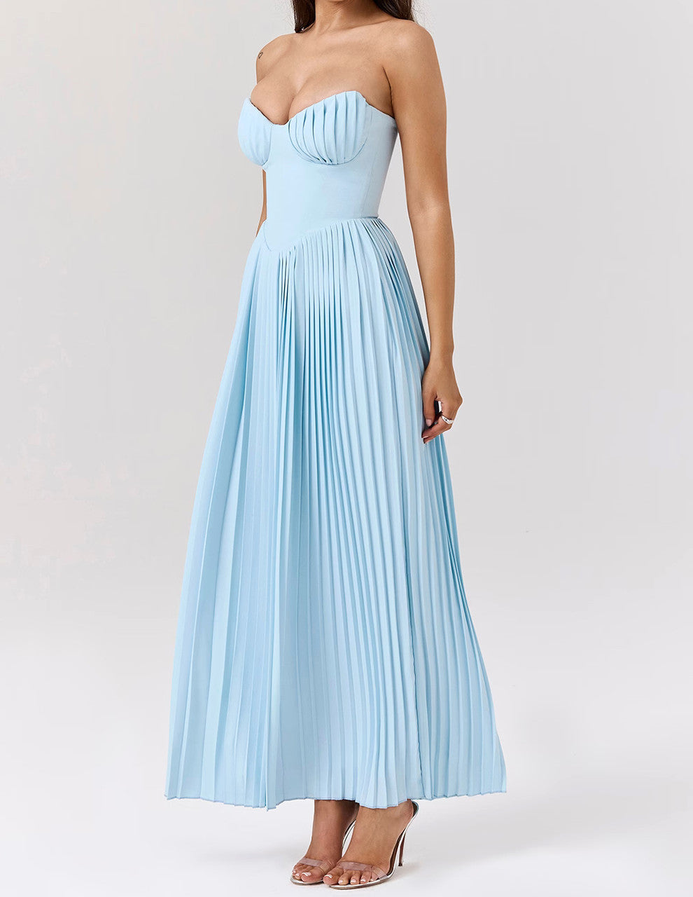 Strapless Bustier Pleated A Line Maxi Dress Blue