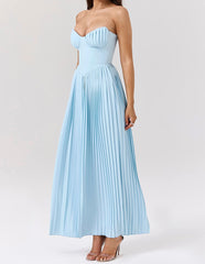 Strapless Bustier Pleated A Line Maxi Dress Blue