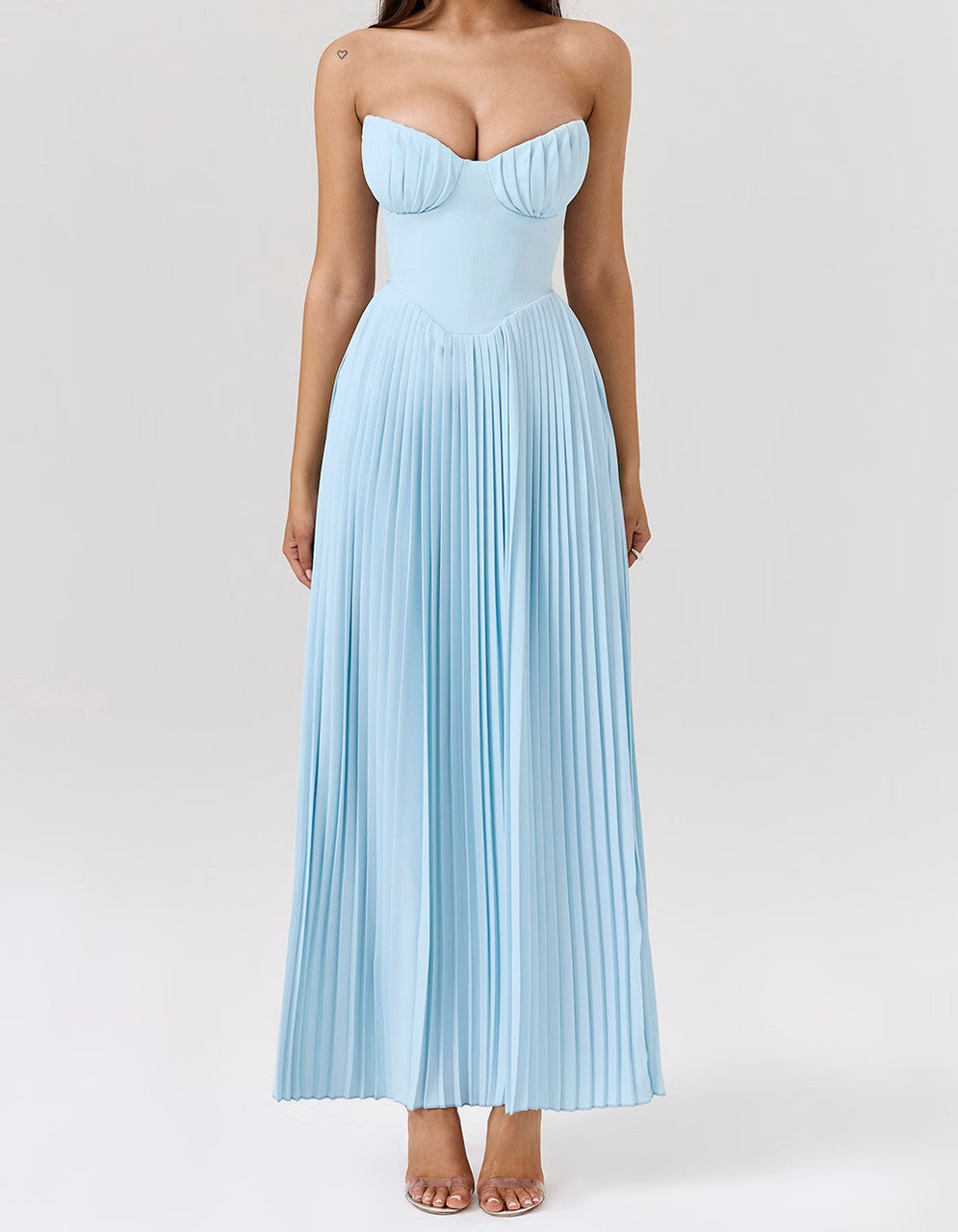 Strapless Bustier Pleated A Line Maxi Dress Blue